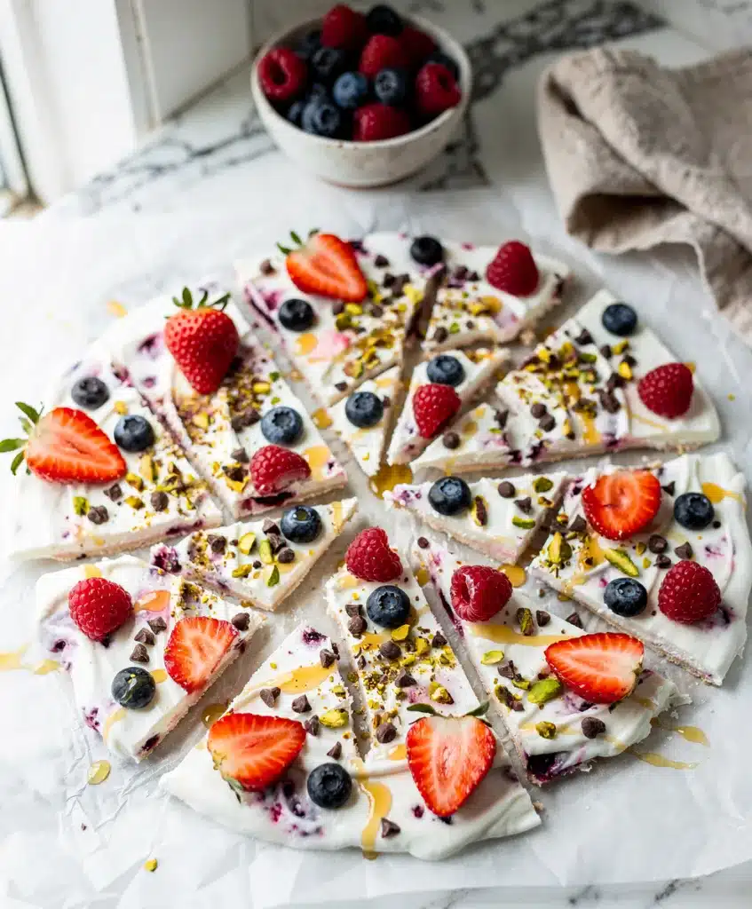 Greek yogurt berry nut chocolate frozen bark shards
