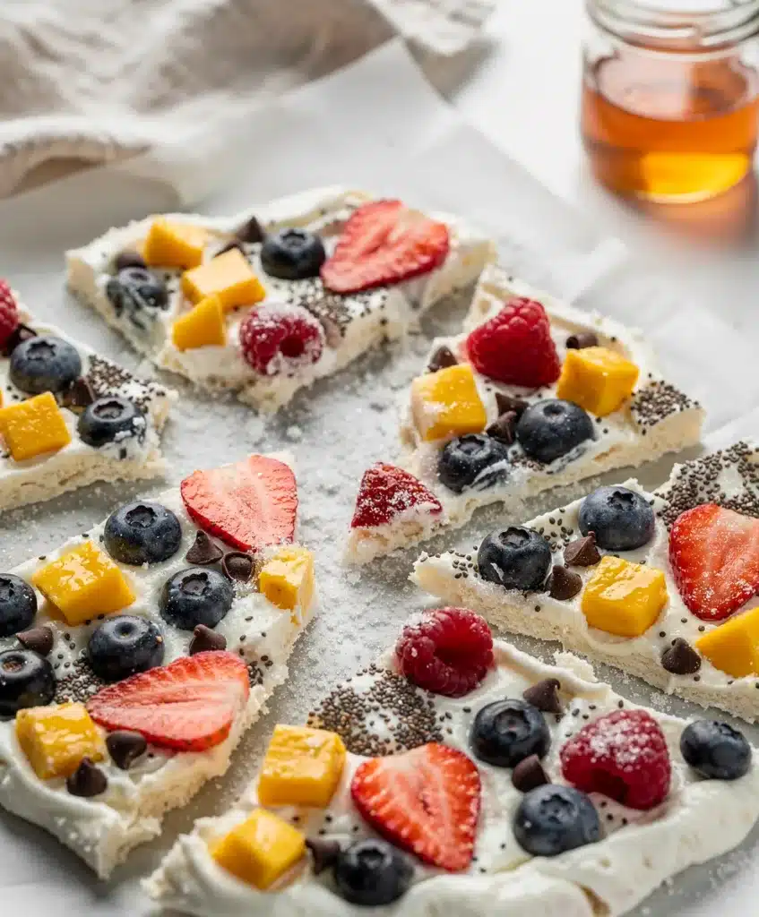 Close-up Greek yogurt fruit bark with berries and chocolate.