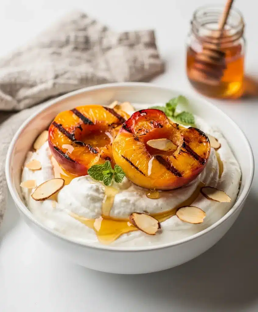 Grilled peaches yogurt with honey, almonds, and mint garnish.