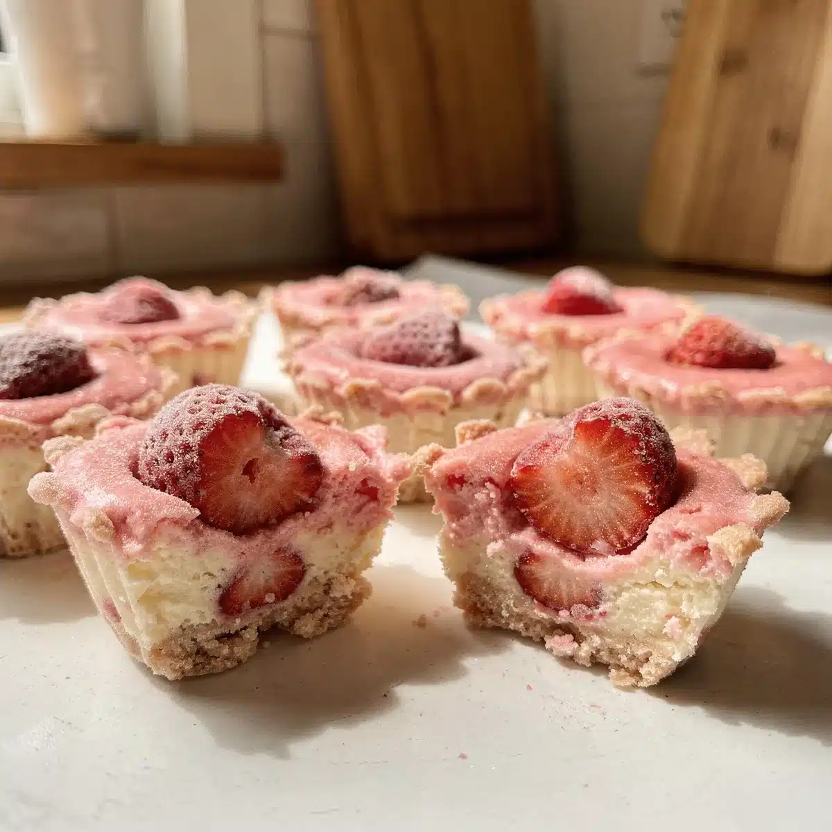 Homemade frozen strawberry cheesecake bites on white countertop