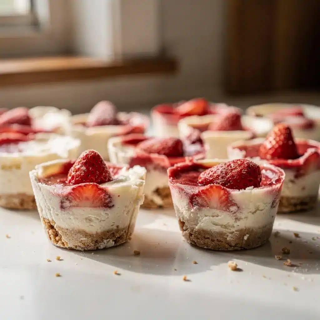 Close up homemade frozen strawberry cheesecake bites on white countertop