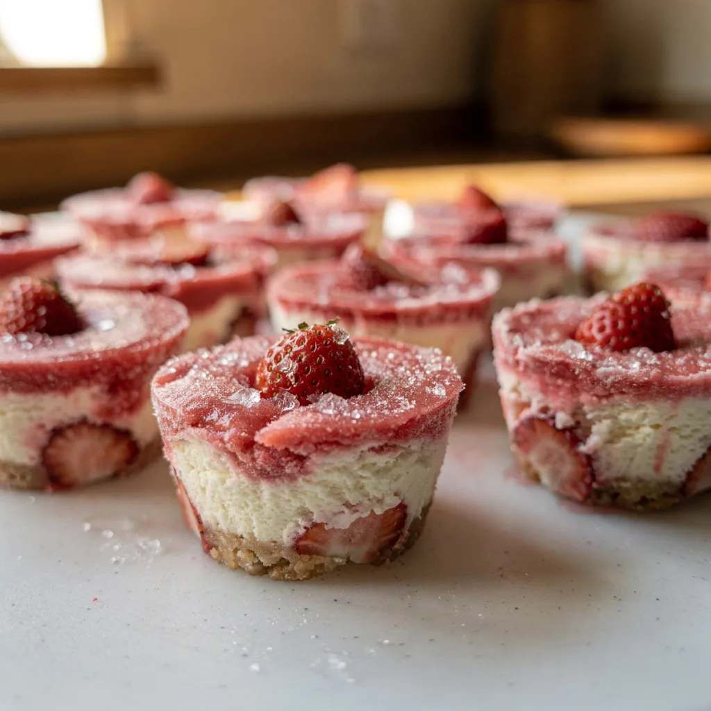 Juicy frozen strawberry cheesecake bites on a white countertop