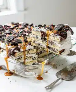 Decadent Ice Cream Sandwich Cake slice with fudge and nuts.