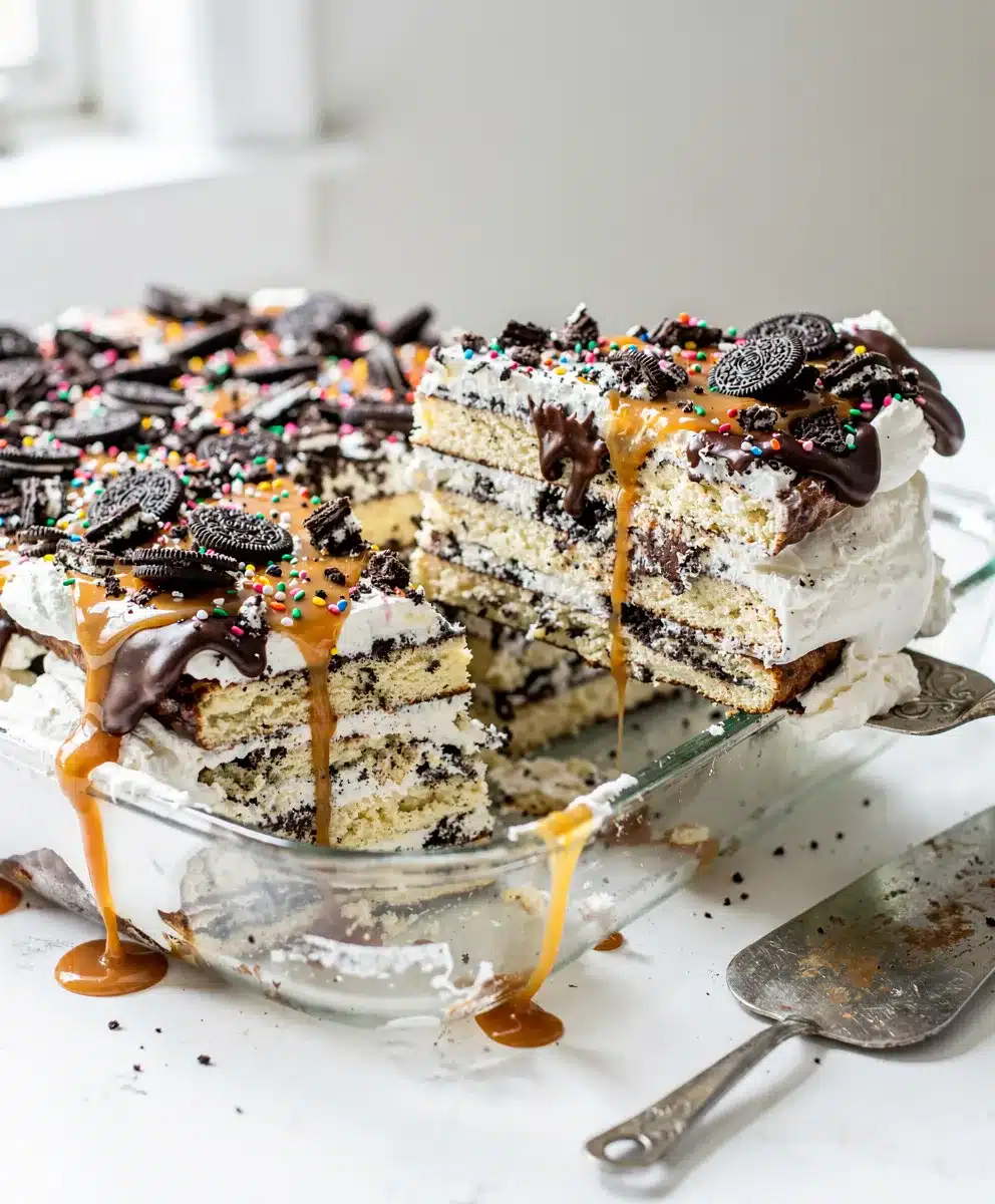 Decadent Ice Cream Sandwich Cake slice with fudge and nuts.