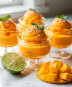 Vibrant mango sorbet cups with mint and coconut topping.