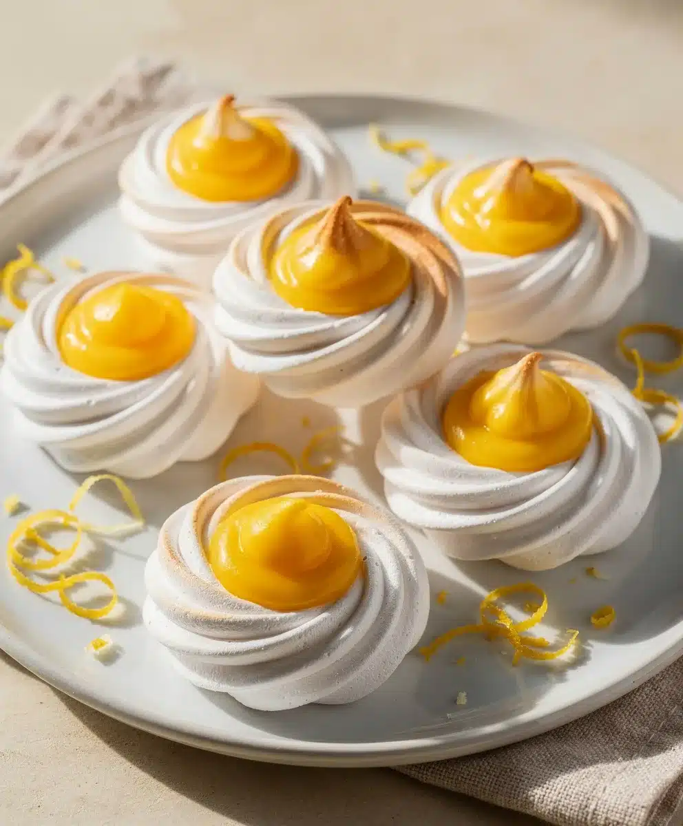 Mini Meringues with glossy lemon curd close up vibrant food photo