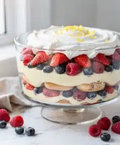 No bake berry trifle layers with lemon cream cheese and berries.