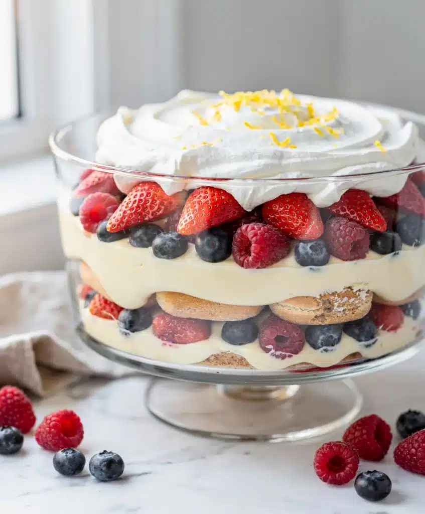 No bake berry trifle layers with lemon cream cheese and berries.