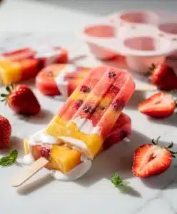 Close-up homemade fruit popsicles with strawberry and mango layers.
