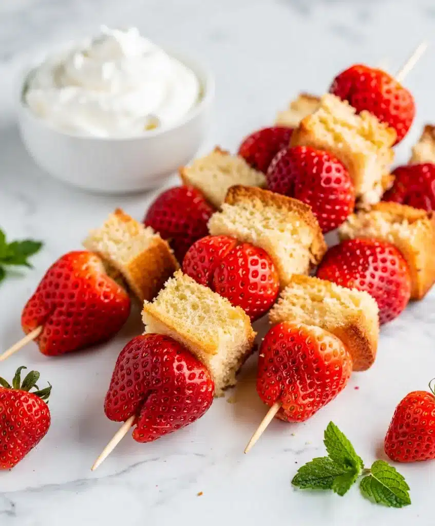 Strawberry shortcake kabobs with fluffy whipped cream dipping sauce