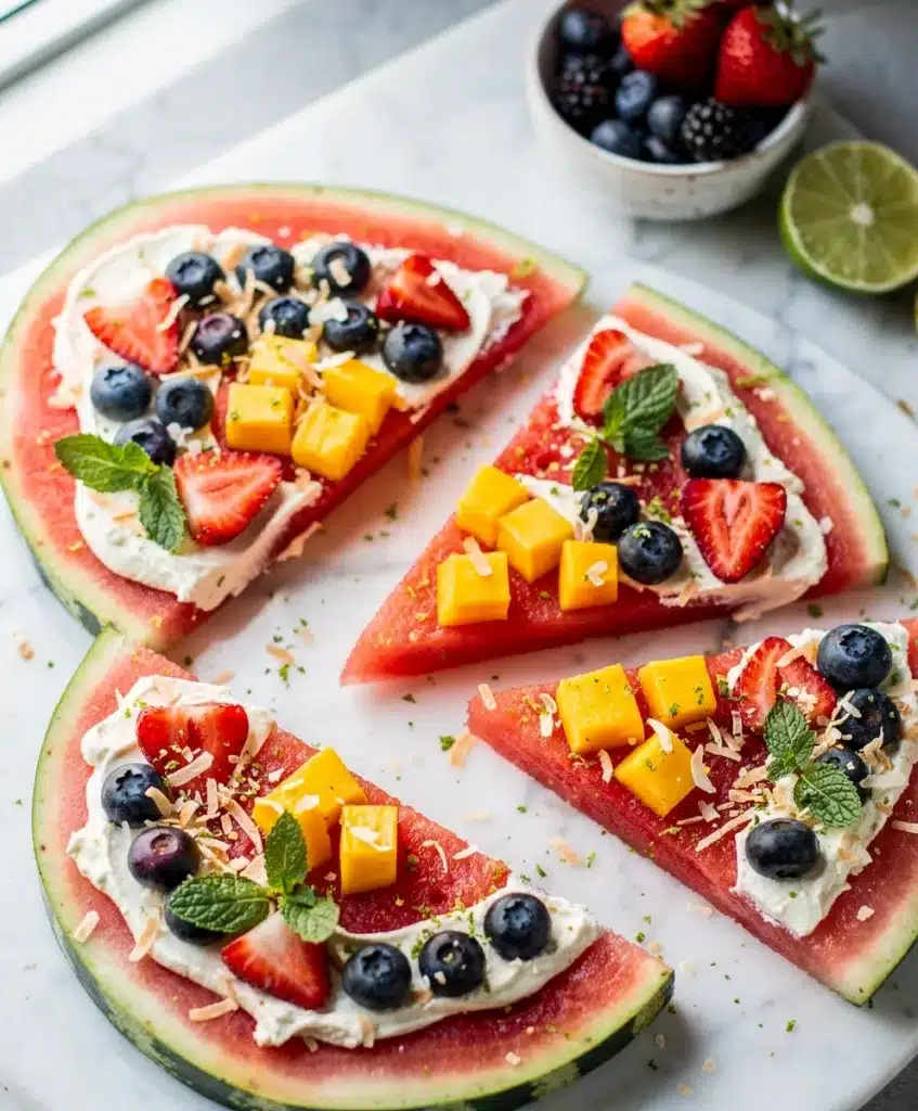 Vibrant watermelon pizza topped with creamy honey lime cream cheese