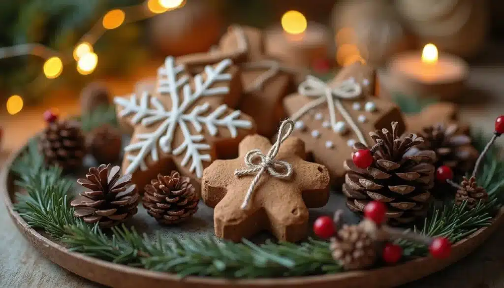 Finished cinnamon ornaments in festive shapes, decorated with paint and ribbons, displayed on a holiday-themed tray