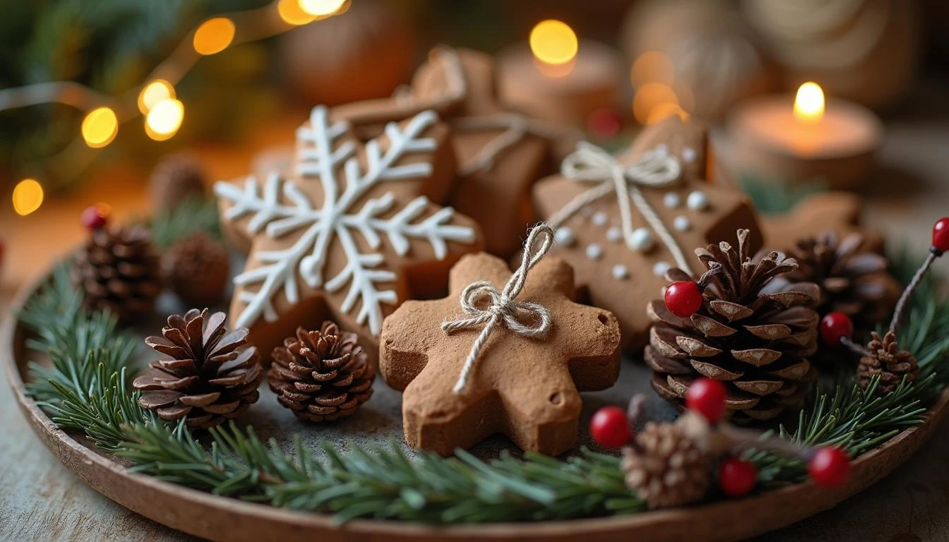 Finished cinnamon ornaments in festive shapes, decorated with paint and ribbons, displayed on a holiday-themed tray