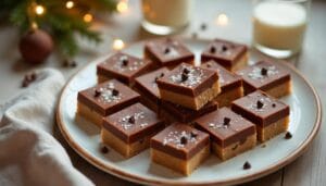 A platter of Buckeye Bars topped with sprinkles of sea salt and served alongside glasses of milk, perfect for sharing