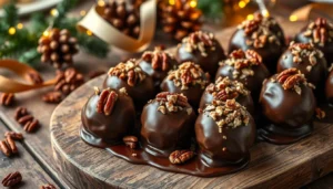 Overhead shot of chocolate-coated Pecan Pie Balls garnished with crushed pecans on a festive platter.