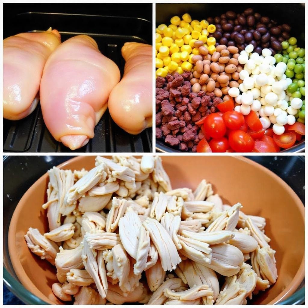 Key ingredients for Crack Chicken Chili: shredded chicken, cream cheese, bacon, ranch seasoning, and cheddar cheese.