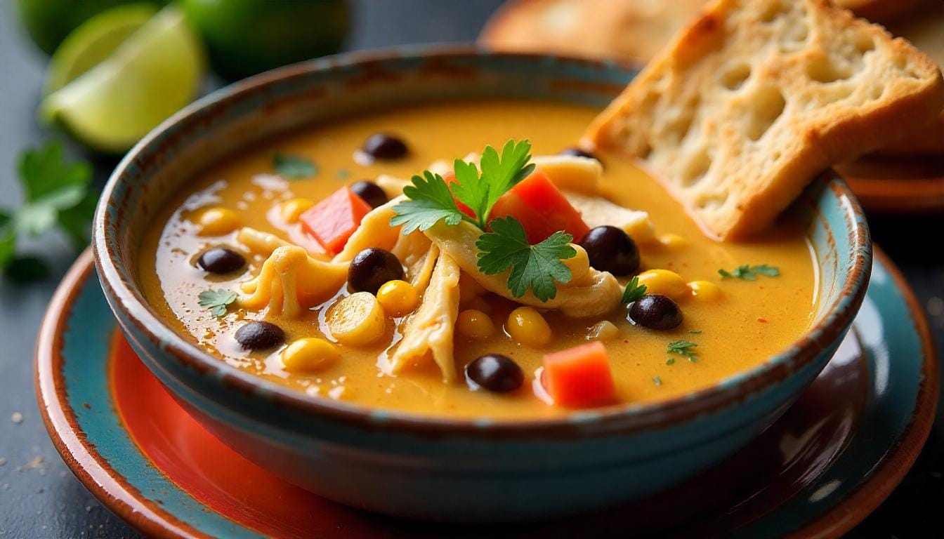 A hearty bowl of Crack Chicken Chili garnished with bacon bits and green onions, served with crusty bread