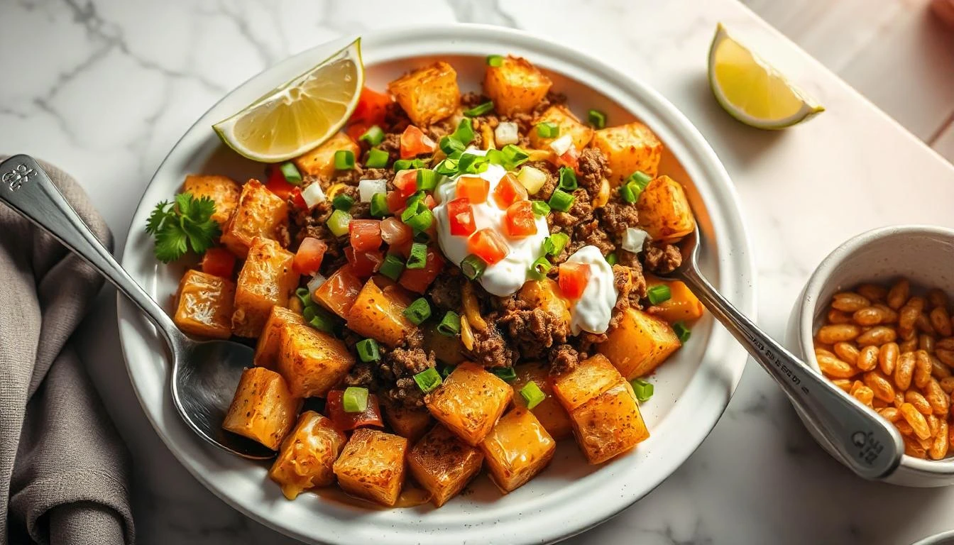 Overhead shot of a serving platter filled with taco potatoes topped with crispy potato cubes, seasoned ground beef, melted cheese, and colorful toppings.