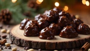 Homemade crockpot candy clusters served on a wooden board with festive decorations