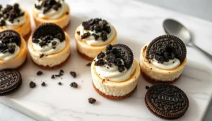 Mini Oreo Cheesecakes on a white marble platter, topped with whipped cream and crushed Oreo crumbs.