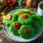 Festive Grinch cookies with red heart decorations on a wooden table surrounded by holiday decor.