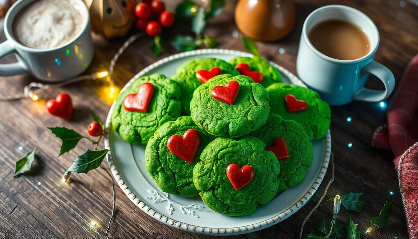 Festive Grinch cookies with red heart decorations on a wooden table surrounded by holiday decor.