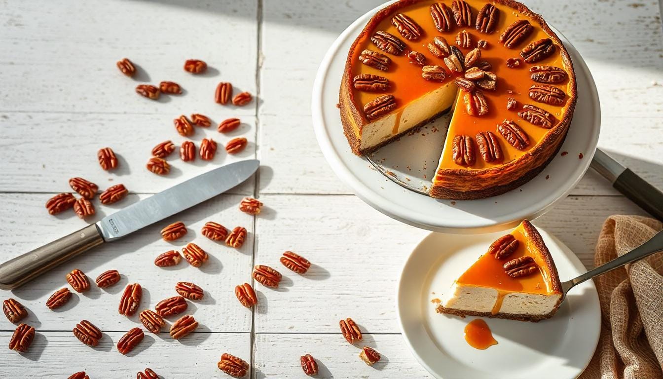 Whole pecan pie cheesecake topped with caramelized pecans on a white cake stand