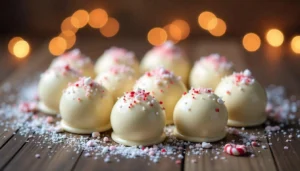 A festive display of Peppermint Oreo Truffles on a holiday-themed plate, garnished with crushed candy canes