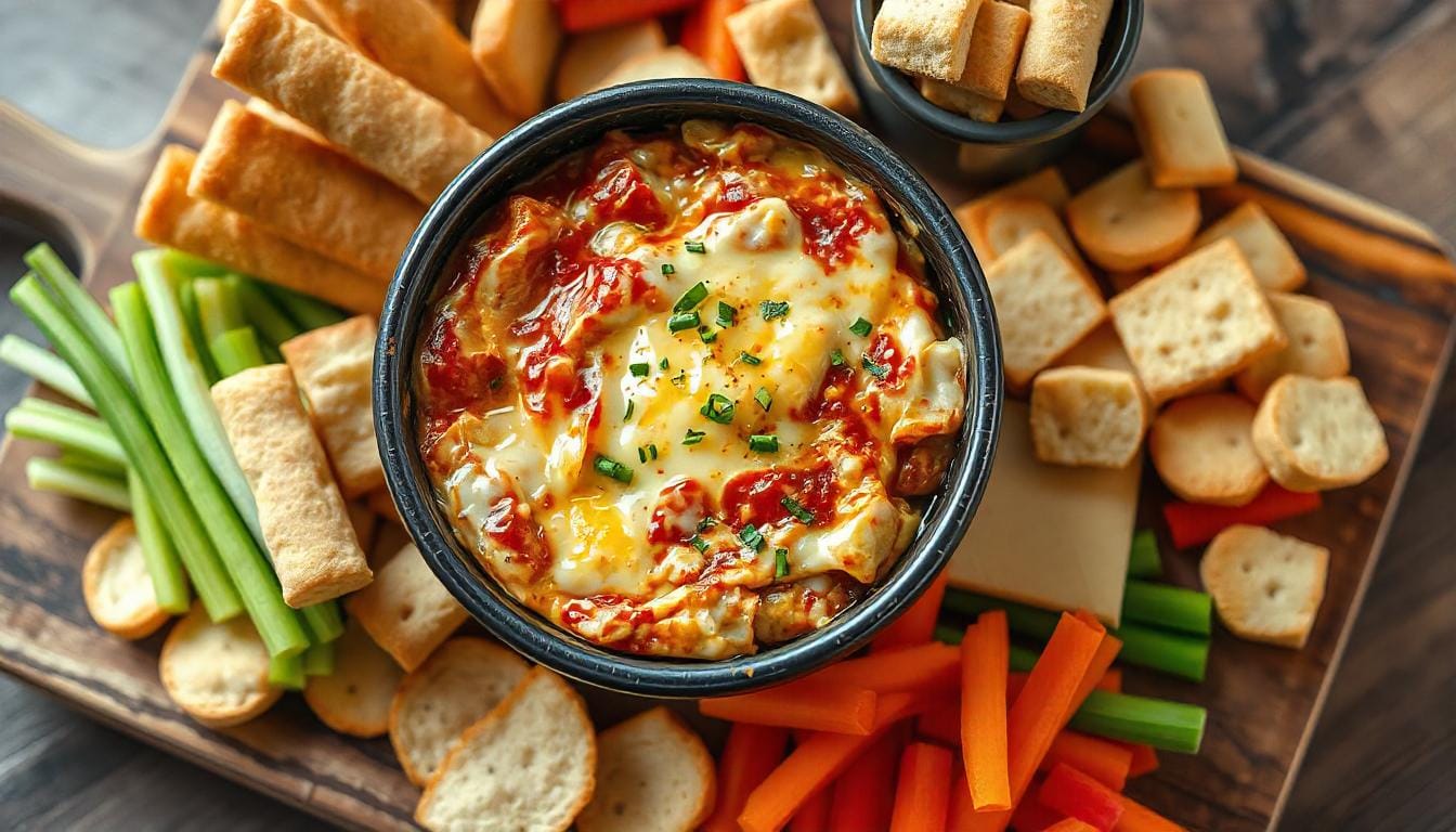 Overhead shot of Crockpot Pizza Dip served in a bowl, surrounded by breadsticks, pita chips, and veggie sticks on a wooden tray.