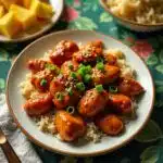 weet Hawaiian Crockpot Chicken garnished with green onions and sesame seeds, served with jasmine rice and pineapple chunks.