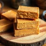 Stack of 3 ingredient peanut butter fudge on a rustic wooden board