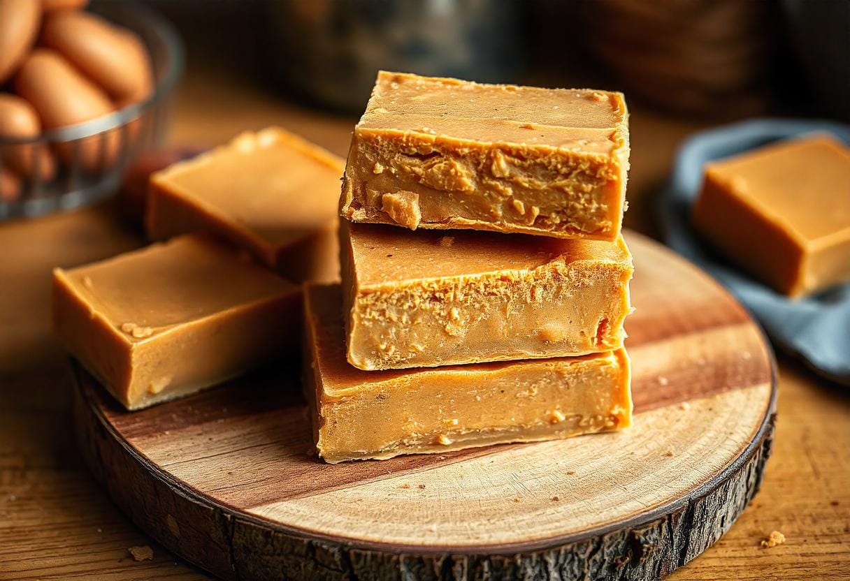 Stack of 3 ingredient peanut butter fudge on a rustic wooden board