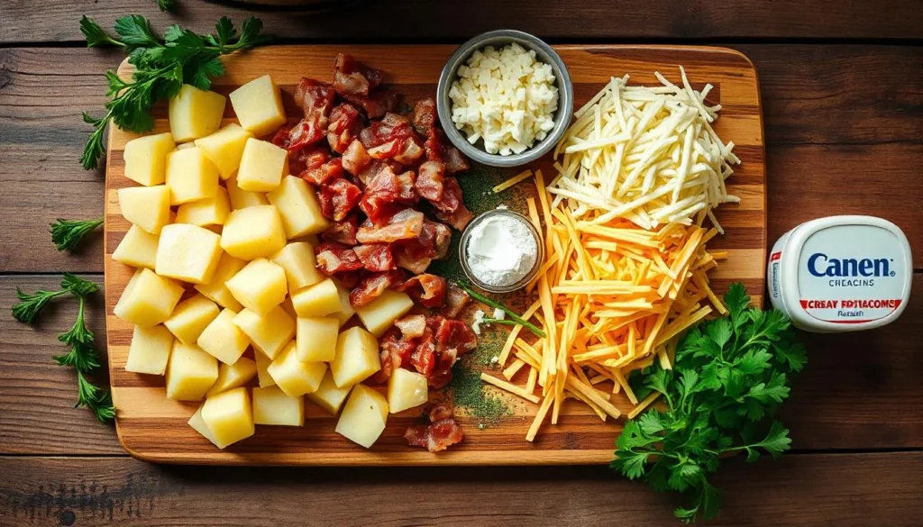 Fresh ingredients for Crock Pot Crack Potato Soup including potatoes, bacon, and cheese