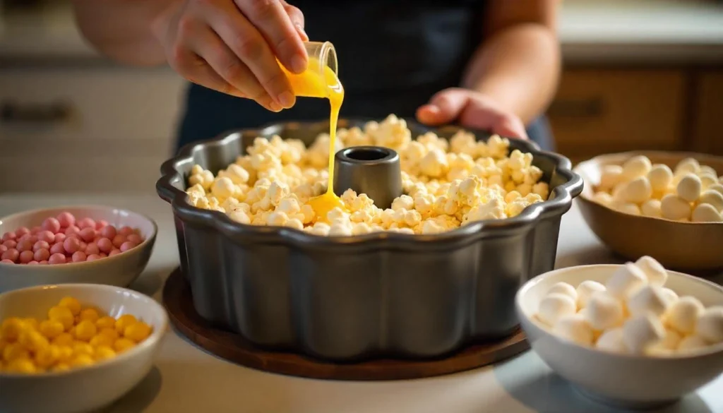 Hands pressing popcorn mixture into a bundt pan, surrounded by candies and marshmallows.