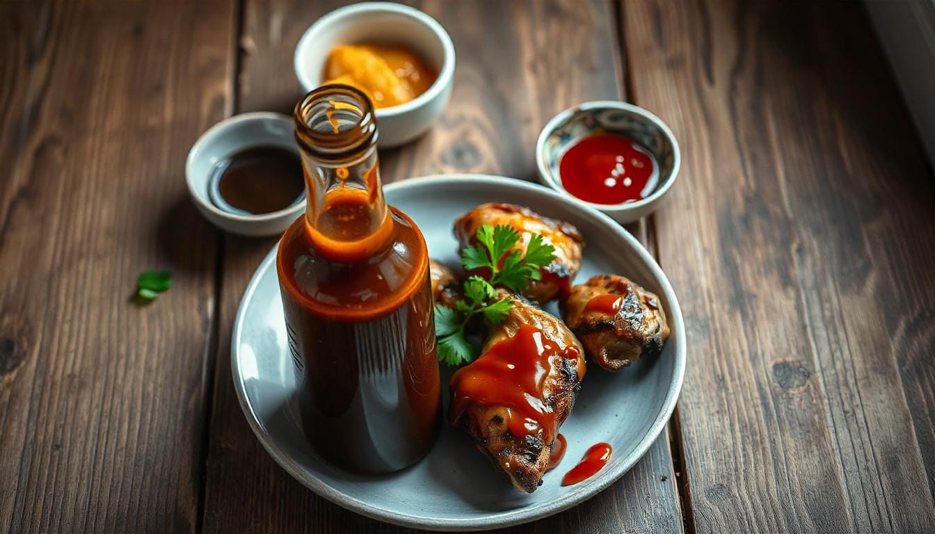 Homemade barbecue sauce from jelly drizzled over grilled chicken wings with fresh parsley on a rustic wooden table.