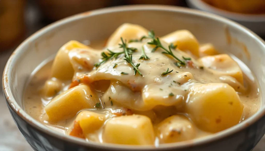 Bowl of smothered potatoes with rich creamy gravy and fresh herbs on a rustic kitchen counter