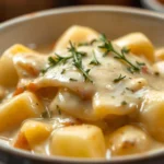 Bowl of smothered potatoes with rich creamy gravy and fresh herbs on a rustic kitchen counter