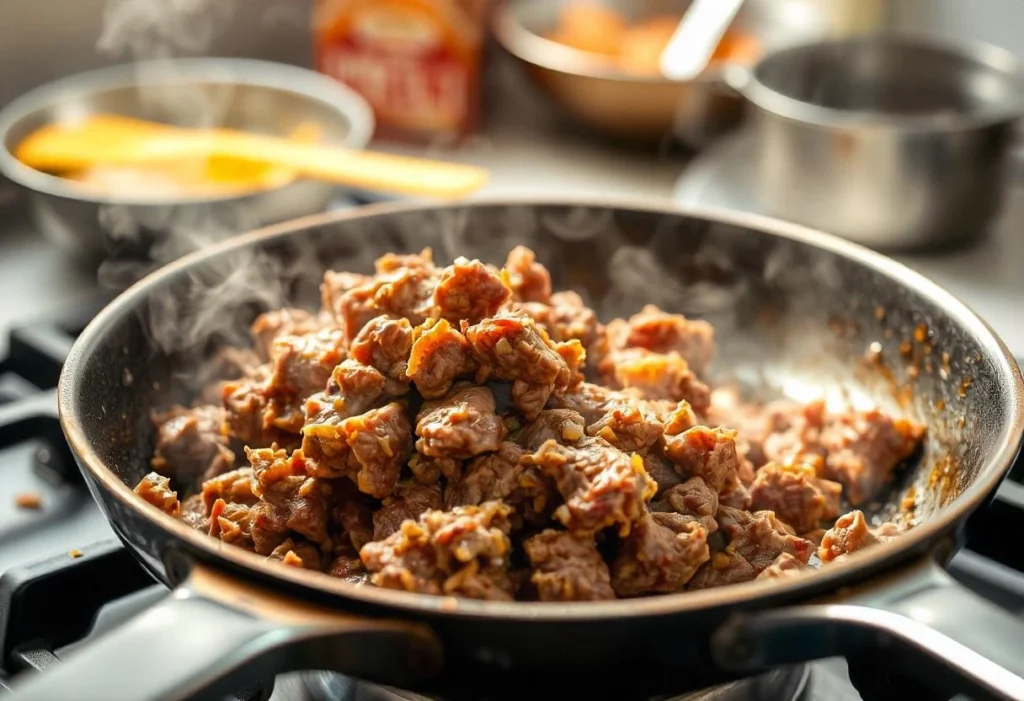 Layering ingredients for crockpot creamy potato and hamburger soup in a slow cooker.