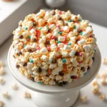 A bundt-shaped Popcorn Cake topped with colorful candies and marshmallows on a white platter.