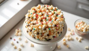 A bundt-shaped Popcorn Cake topped with colorful candies and marshmallows on a white platter.