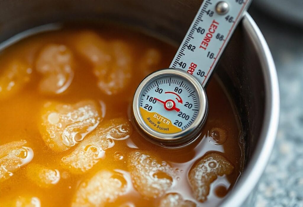 Close-up of a candy thermometer in bubbling sugar and butter for toffee