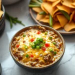 Cheesy hamburger dip with ground beef and tomatoes, garnished with green onions, served with crispy tortilla chips.