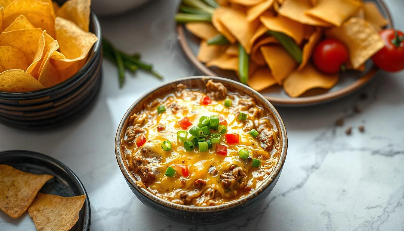 Cheesy hamburger dip with ground beef and tomatoes, garnished with green onions, served with crispy tortilla chips.