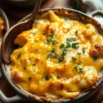 A close-up shot of a cheesy potato casserole with melted cheddar cheese and a golden, crispy top served in a round dish