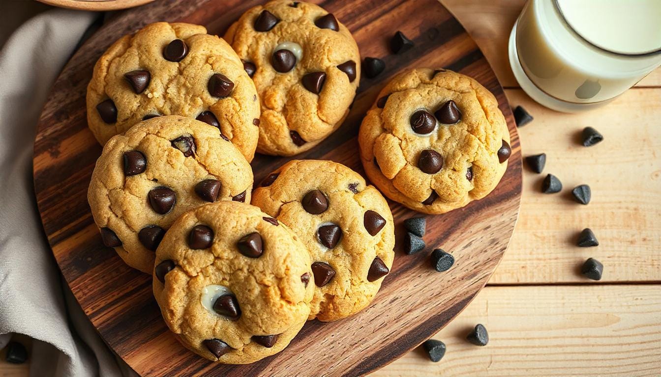 Close-up of freshly baked chocolate chip cheesecake cookies on a wooden tray with cream cheese filling visible.