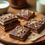 Chocolate-covered graham crackers topped with sprinkles and nuts on a serving board with milk and chocolate nearby.