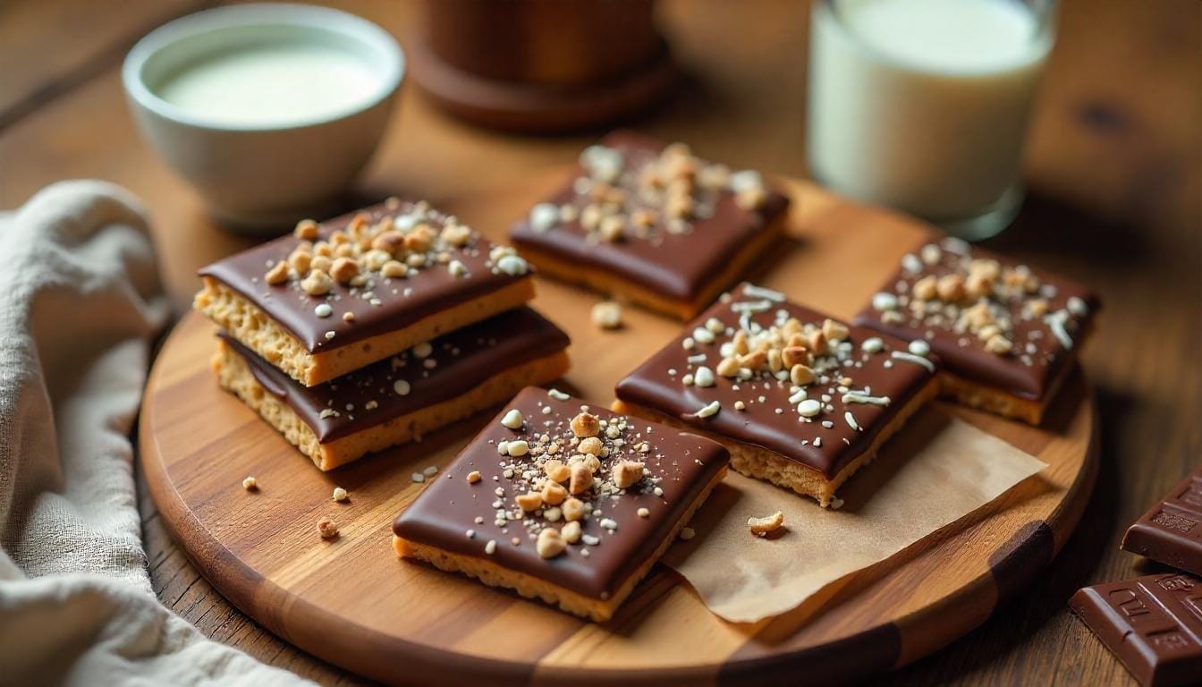 Chocolate-covered graham crackers topped with sprinkles and nuts on a serving board with milk and chocolate nearby.