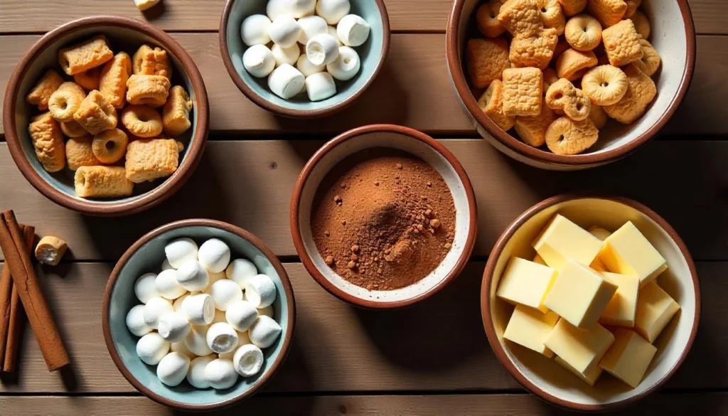 Ingredients for Cinnamon Toast Crunch Bars including marshmallows, butter, and cereal on a wooden cutting board.