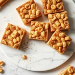 Cinnamon Toast Crunch Bars arranged on a white marble platter with scattered cereal pieces.