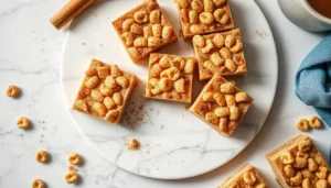 Cinnamon Toast Crunch Bars arranged on a white marble platter with scattered cereal pieces.